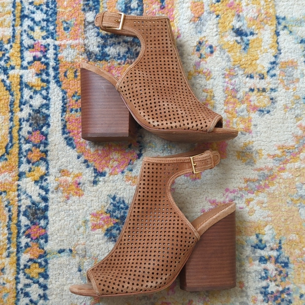 Tory Burch Jessie Perforated Suede Leather Peep Toe High Heel Booties Brown 6.5 - Picture 7 of 16